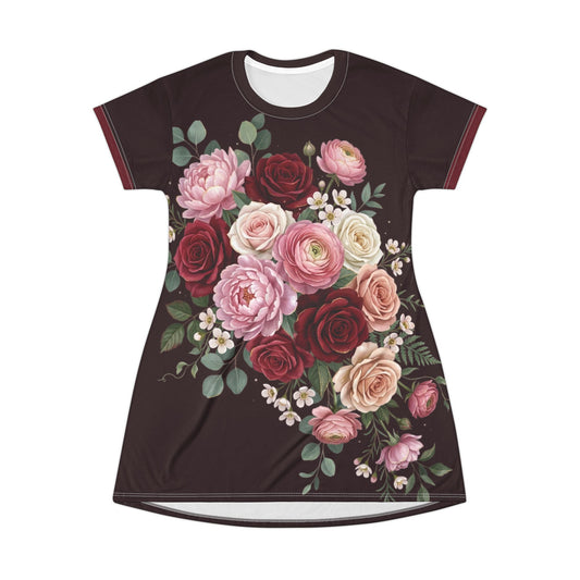 Floral Bouquet T‑Shirt Dress — Vintage Rose All‑Over Print