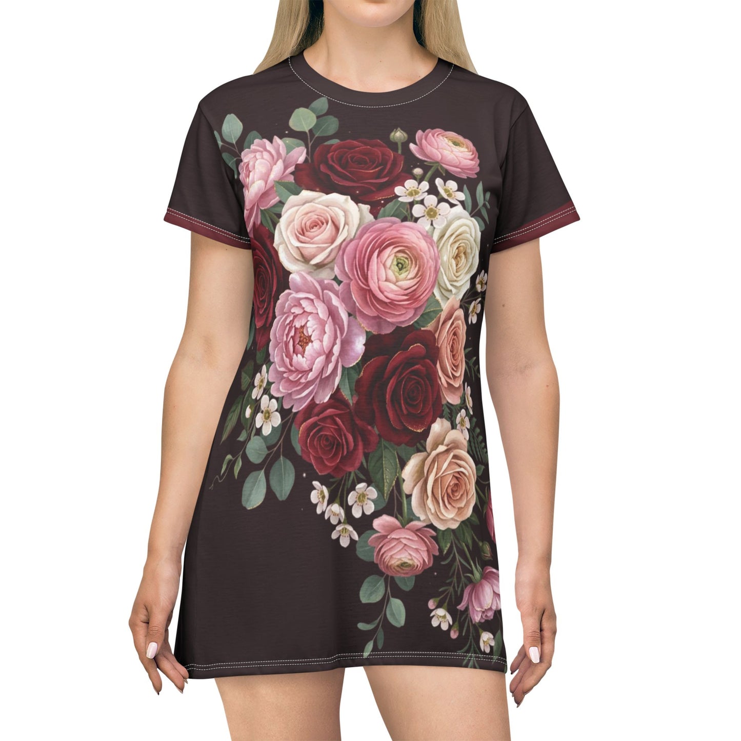 Floral Bouquet T‑Shirt Dress — Vintage Rose All‑Over Print