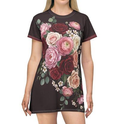 Floral Bouquet T‑Shirt Dress — Vintage Rose All‑Over Print