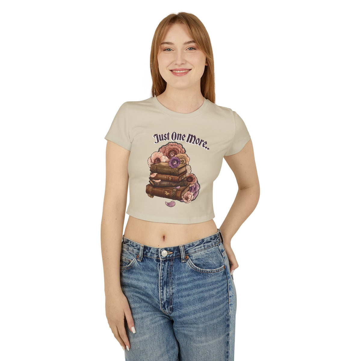 Just One More Book Women's Baby Tee — Floral Stack of Books Reading Crop Top
