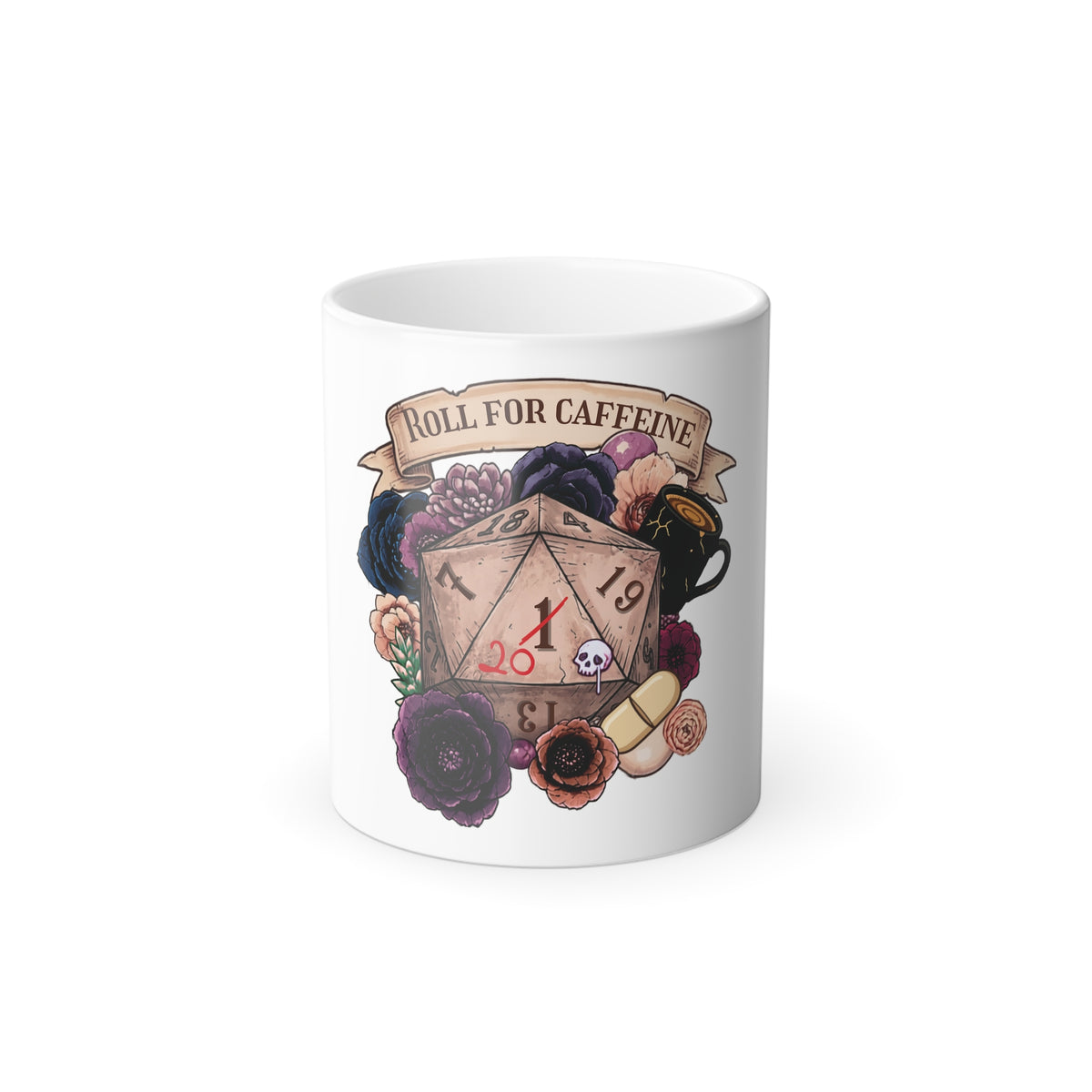 Color-Changing Mug — "Roll for Caffeine" D20 Coffee Mug