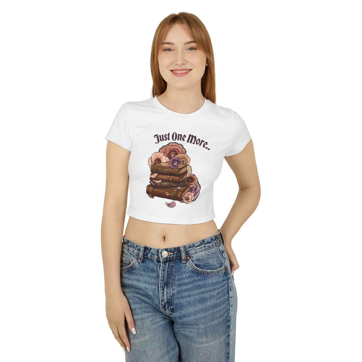 Just One More Book Women's Baby Tee — Floral Stack of Books Reading Crop Top