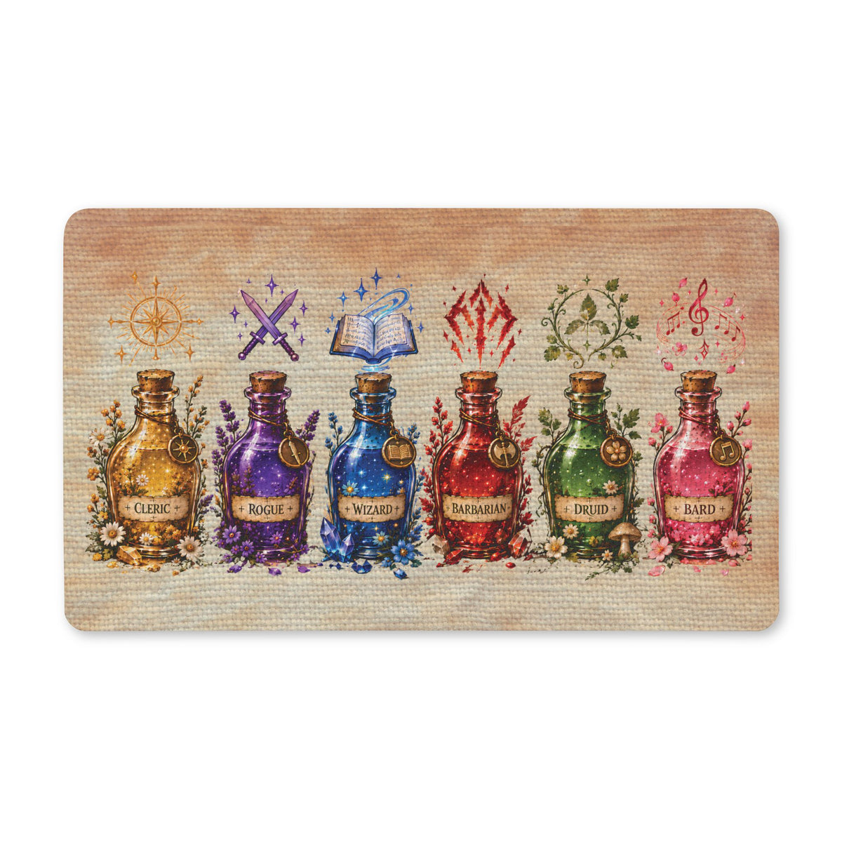 RPG Potion Bottles Polyester Doormat — Cleric, Rogue, Wizard, Barbarian, Druid, Bard Welcome Mat