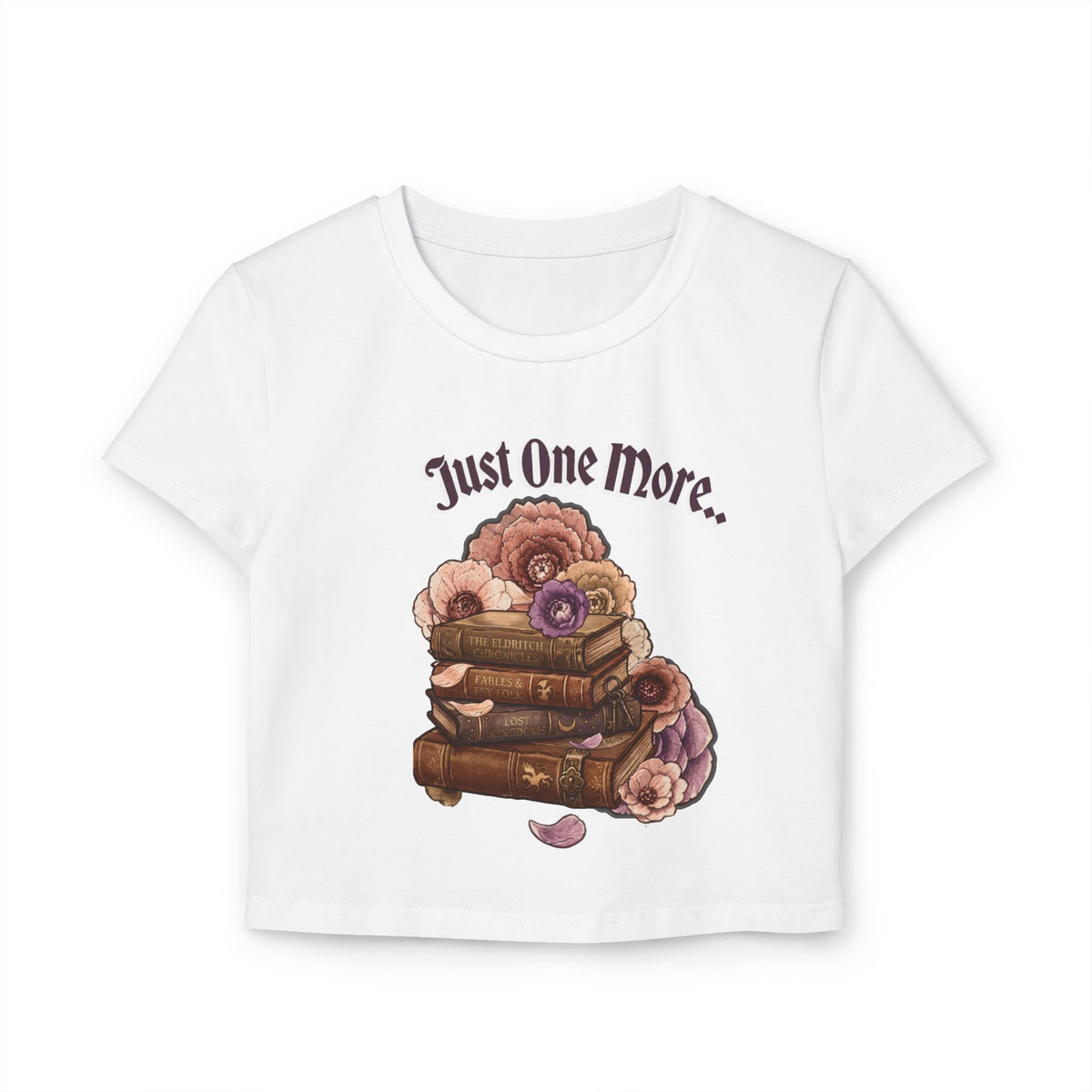 Just One More Book Women's Baby Tee — Floral Stack of Books Reading Crop Top
