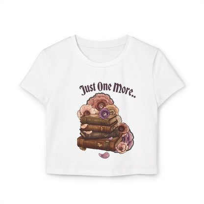 Just One More Book Women's Baby Tee — Floral Stack of Books Reading Crop Top