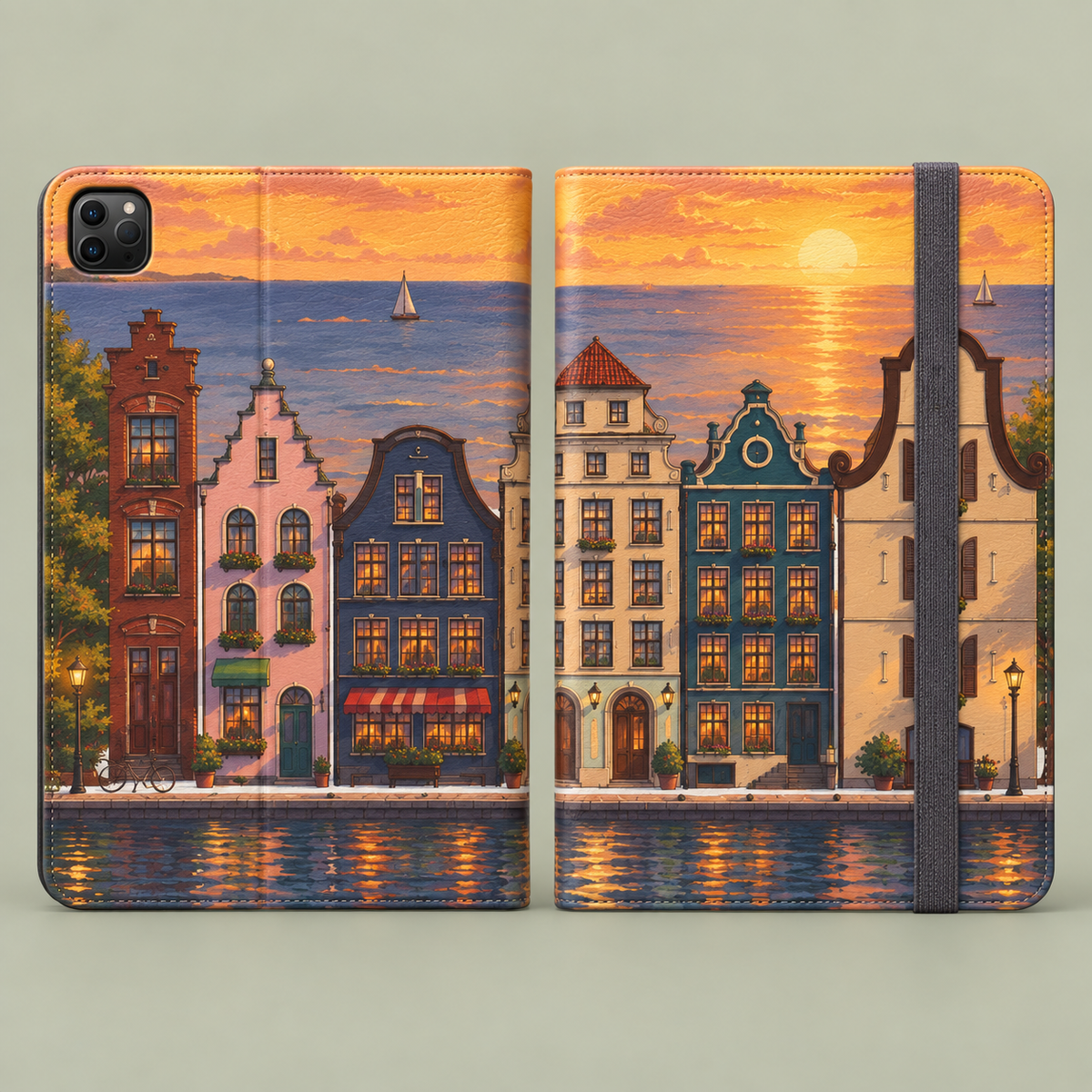Sunset Canal Tablet Folio Case — Dutch Row Houses Scenic iPad Cover