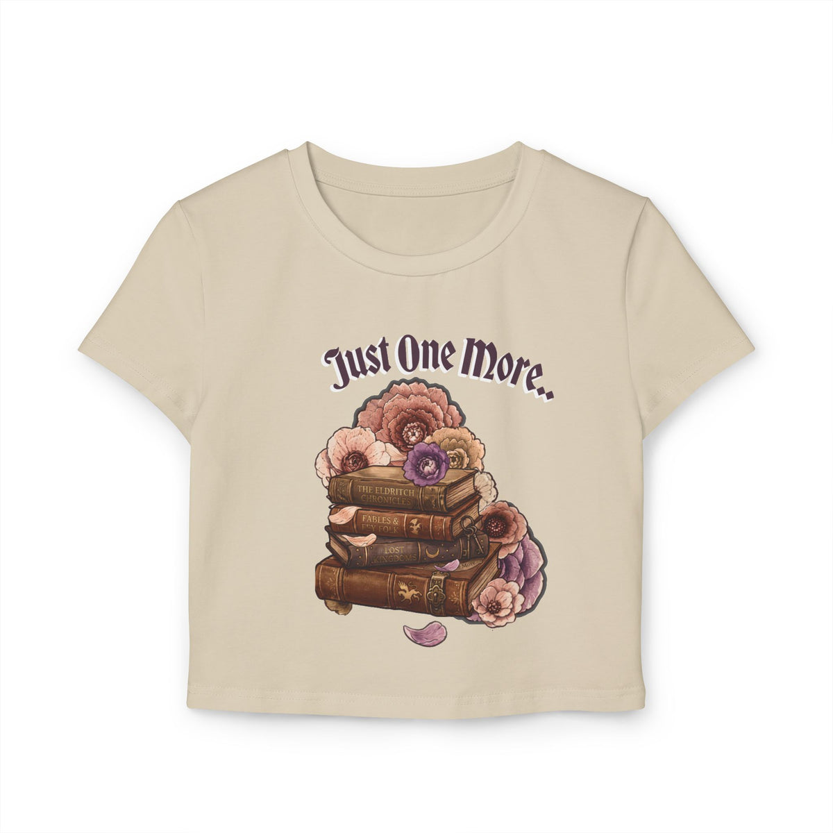Just One More Book Women's Baby Tee — Floral Stack of Books Reading Crop Top