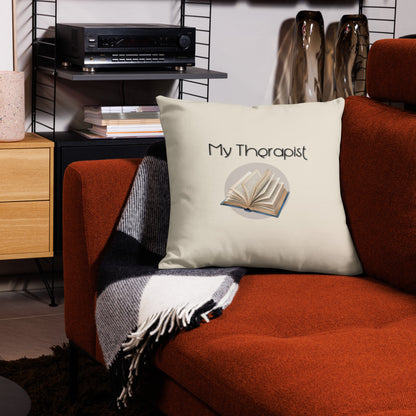 Large therapy book pillow displayed on couch